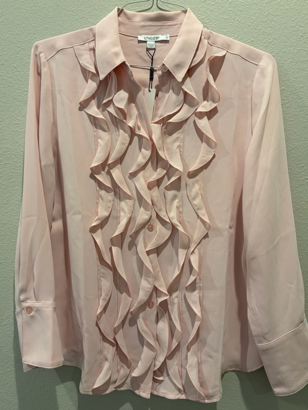 Chico's Soft Blush Pink Ruffle Front Button Blouse NWT 1 M